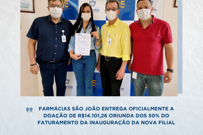 Farmácias São João entrega oficialmente a doação de R$14.101,26 oriunda dos 50% do faturamento da inauguração da nova filial
