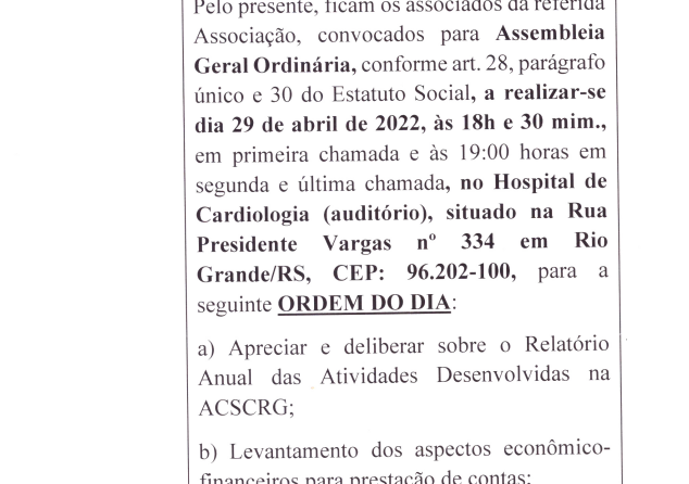 EDITAL DE CONVOCAÇÃO – ASSEMBLEIA GERAL ORDINÁRIA – 29.04.2022