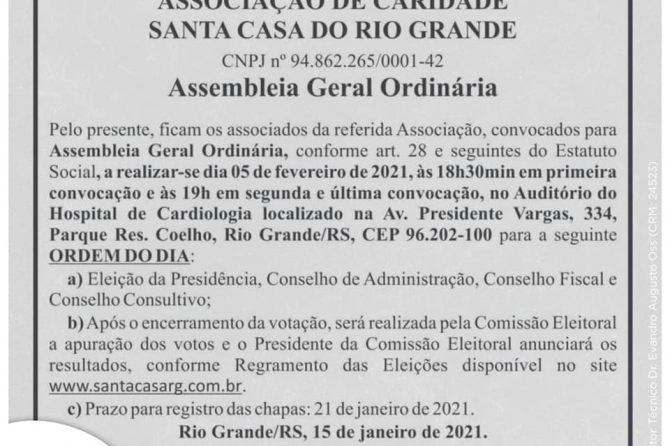 Edital de Convocação – Assembleia Geral Ordinária | 05.02.21 | 18:30h